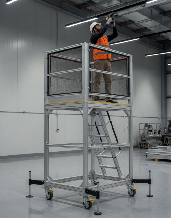 Aluminium mobile scaffolding tower with enclosed platform and worker performing indoor maintenance in UAE